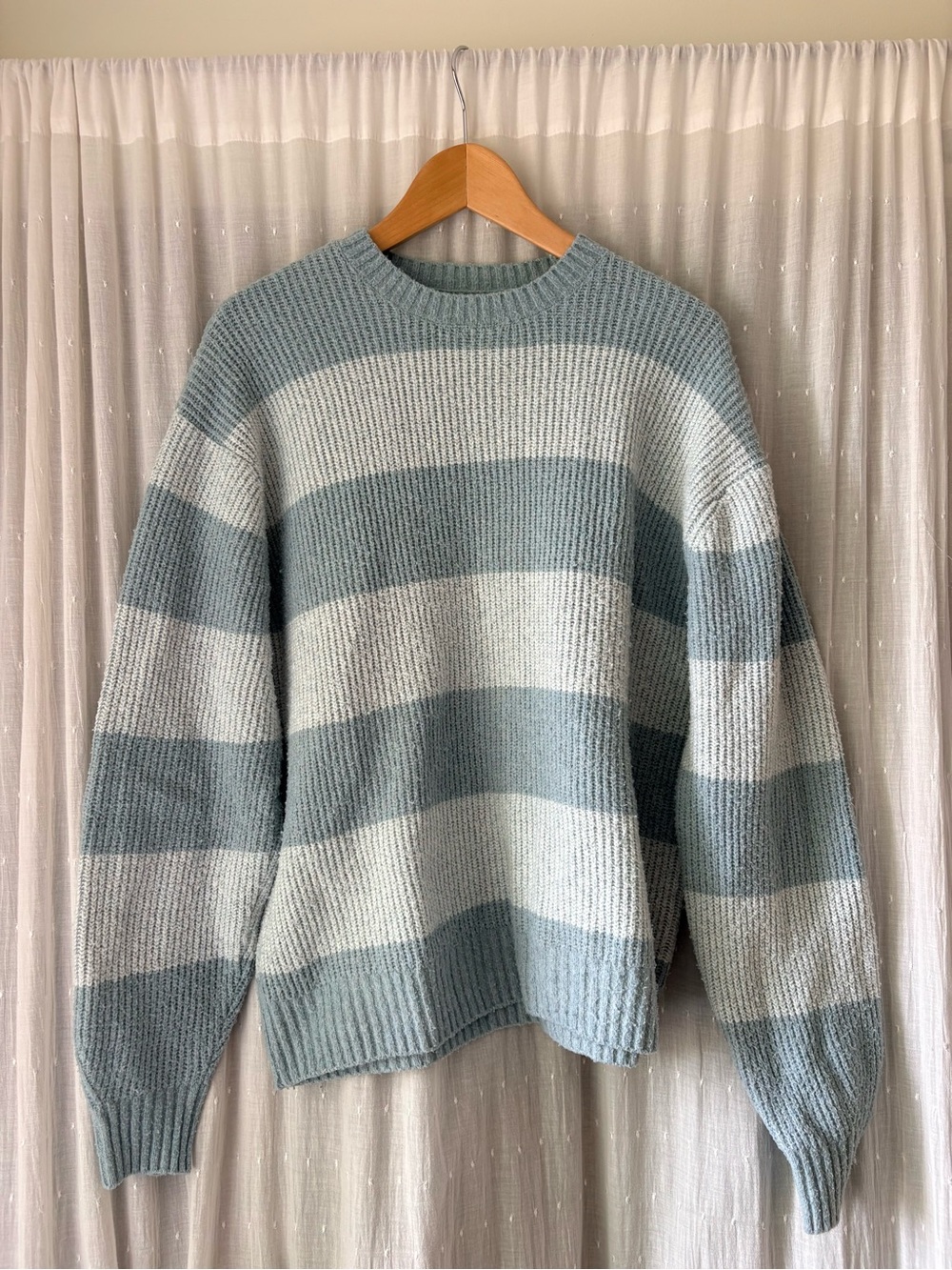 Hollister Blue and Cream Striped Crewneck Sweater